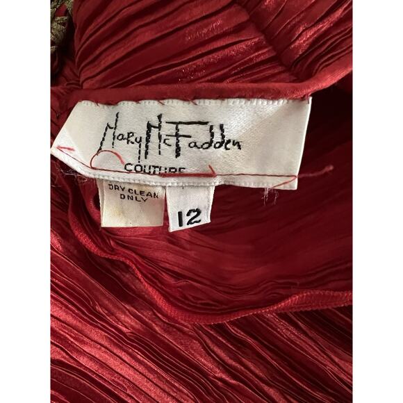 Vintage 1980s Mary McFadden Couture Pleat Gown Midi Red Gold Holiday Size 12 - Picture 8 of 9